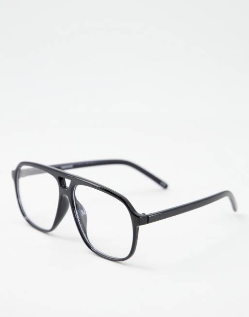ASOS DESIGN - Lunettes tendance aviateur style rétro à verres transparents - Noir mat