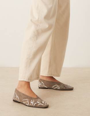 Asos Design Lupin Premium Embroidered Chisel Toe Ballet Flats In Multi