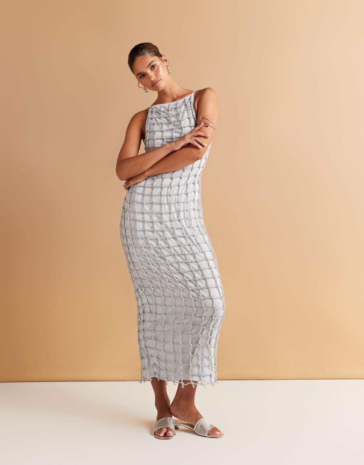 ASOS DESIGN lurex macrame slash neck maxi dress in silver