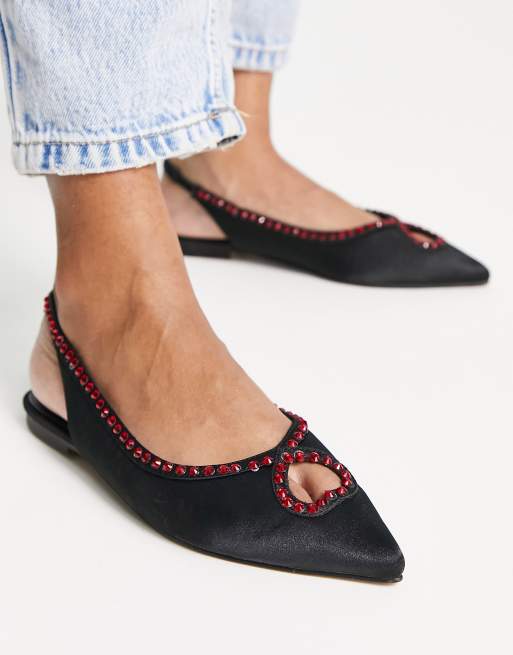 ASOS DESIGN - Lust - Ballerina's met hartje en siersteentjes in zwart satijn