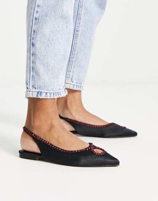 ASOS DESIGN - Lust - Ballerine in raso nero con cuore in strass, 4 di 4