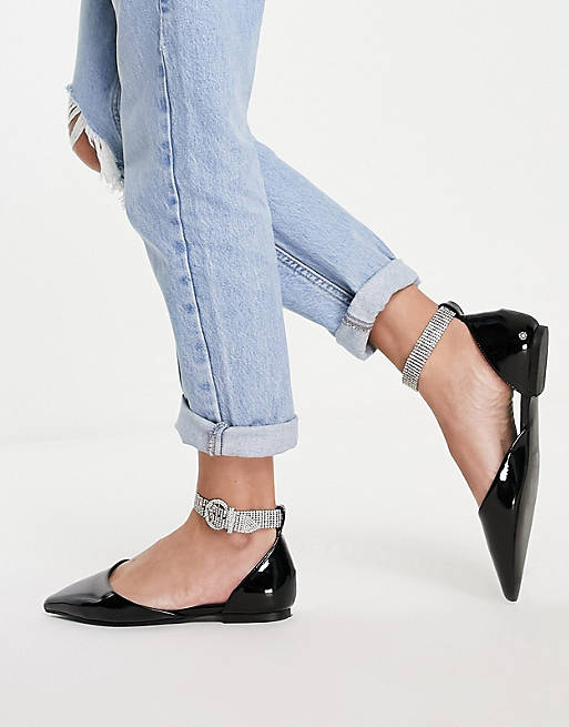 Shoes Flat Shoes/Lustful ballet flats with gem anklet in black patent 