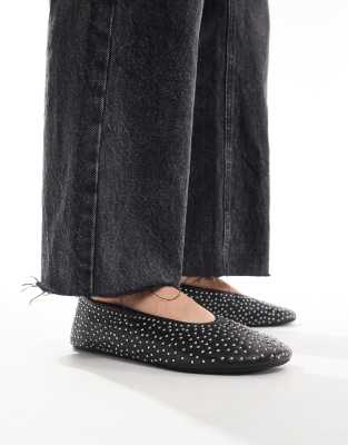 Asos Design Lustre Premium Leather Studded Ballet Flats In Black