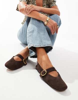 ASOS DESIGN - Luxe - Ballerinas im Mary-Jane-Stil aus hochwertigem Leder in Braun-Brown