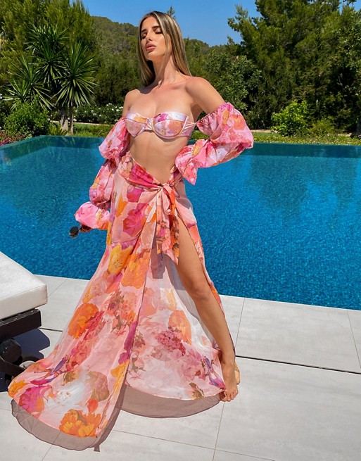 ASOS DESIGN Luxe chiffon sarong wrap skirt in floral print