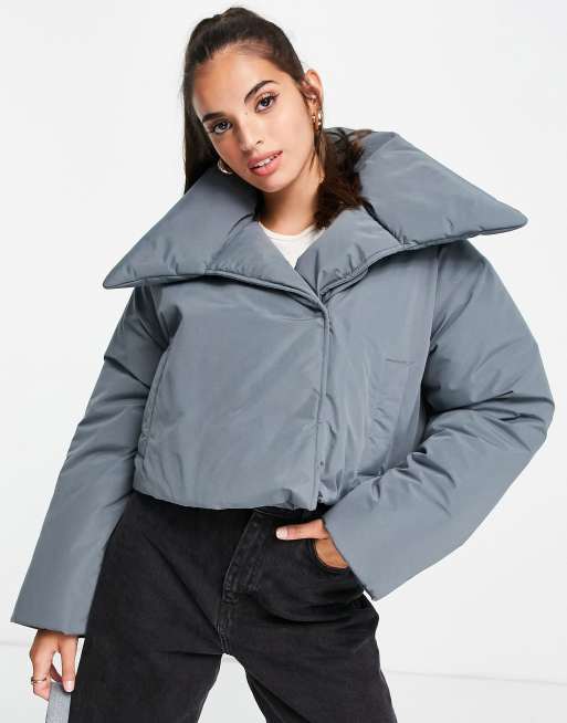 ASOS DESIGN luxe collar cropped puffer jacket in charcoal | ASOS