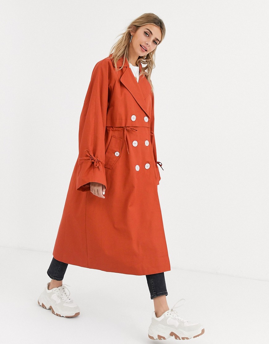 ASOS DESIGN luxe contrast button trench coat in rust-Beige