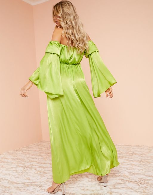 ASOS LUXE embellished fluted sleeve flared jumpsuit in lime
