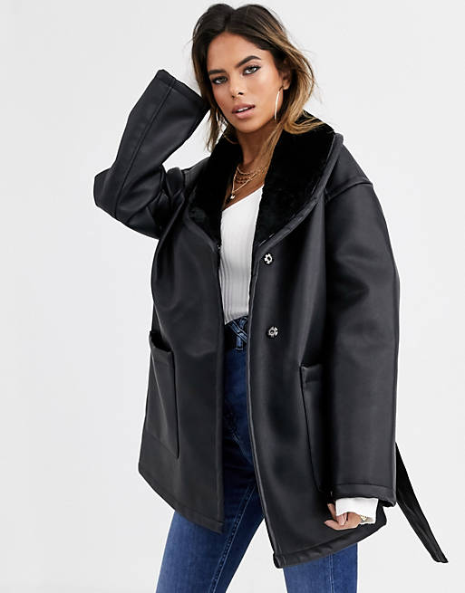 ASOS DESIGN luxe leather look wrap over jacket in black