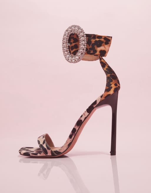 ASOS DESIGN Luxe Not cuff heeled sandals with rhinestone buckle in