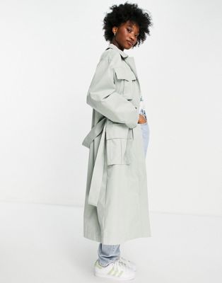 ASOS DESIGN luxe oversized trench coat with pocket detail in sage - ASOS Price Checker