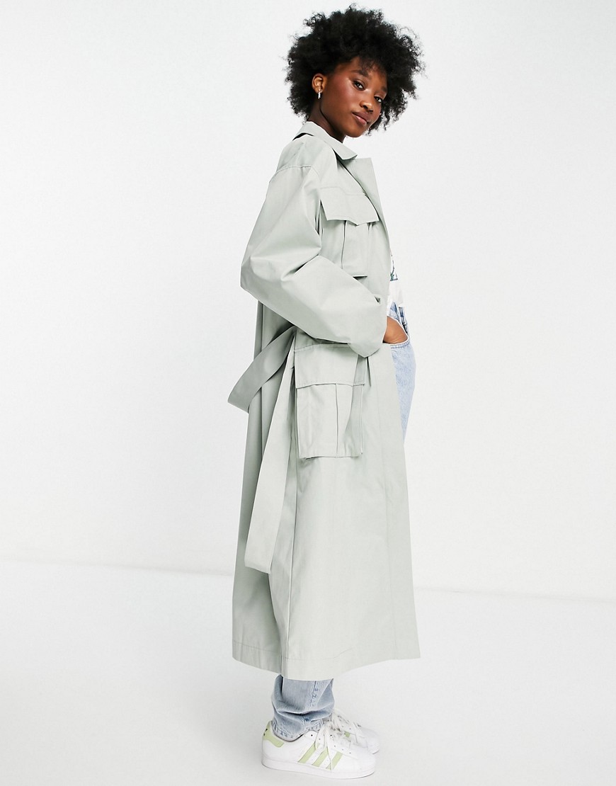 ASOS DESIGN luxe oversized trench coat with pocket detail in sage-Grey