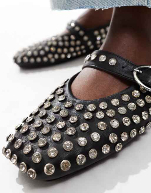 ASOS DESIGN Luxe Premium Leather embellished Mary Jane ballet in black, 4 of 4