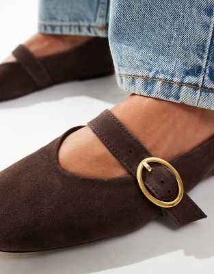 ASOS DESIGN Luxe Premium Leather Mary Jane ballet flats in brown