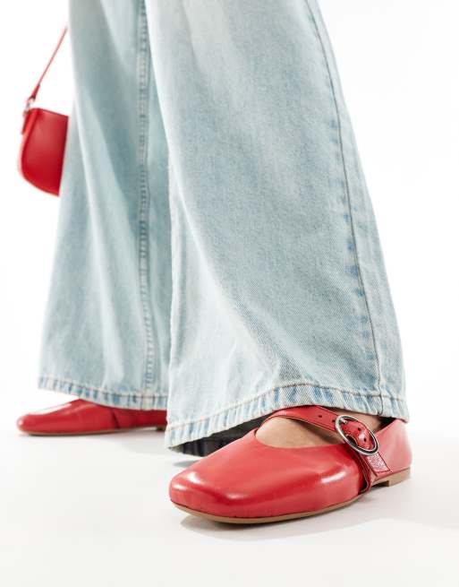 ASOS DESIGN Luxe Premium Leather Mary Jane ballet in Red