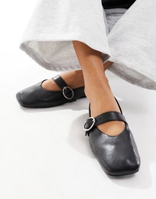 ASOS DESIGN Luxe Premium Leather Mary Jane ballet in Black