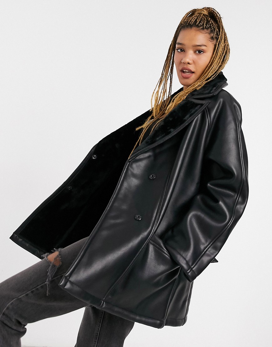 ASOS DESIGN luxe shearling belted jacket in black