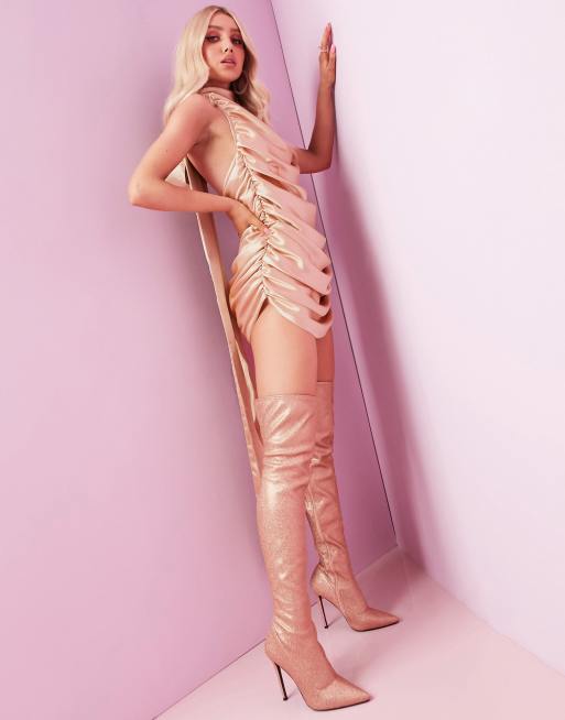 ASOS DESIGN Luxe super ruched halter premium satin mini dress with bow back floor length tie, 4 of 4
