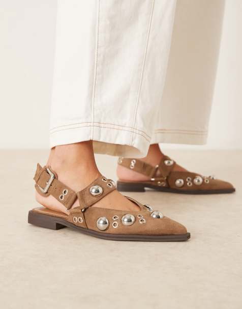ASOS DESIGN Luxor studded mary jane ballets in sand suedette - view 1