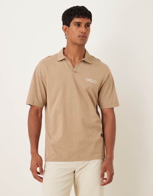ASOS DESIGN – Luźna beżowa koszulka polo z grubego materiału o gramaturze 240 g/m² z nadrukiem