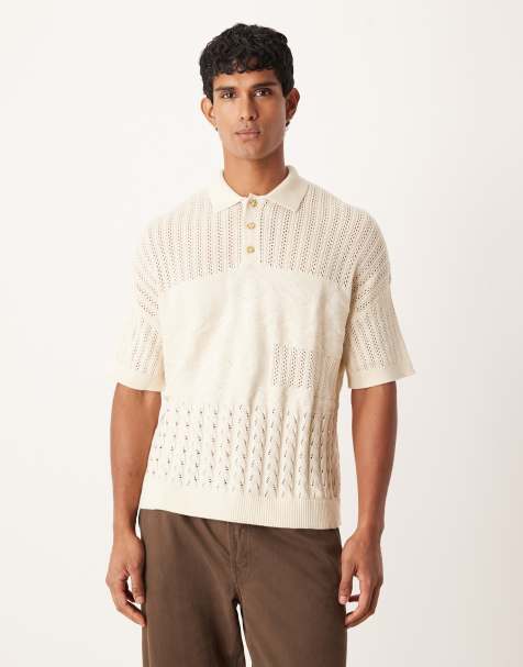 ASOS DESIGN relaxed knitted polo with aztec texture in ecru