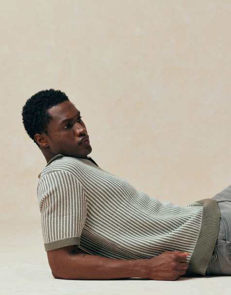 ASOS DESIGN – Luźna dzianinowa koszulka polo w paski w kolorze zielonym i ecru - view 1