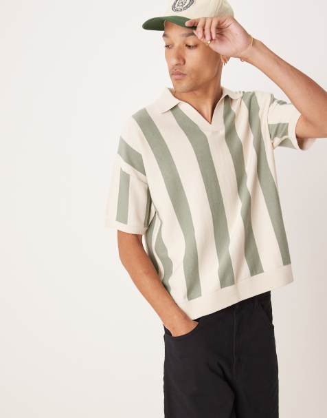 ASOS DESIGN relaxed knitted textured notch neck polo in ecru and green stripe