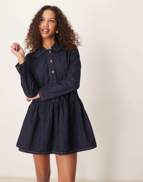 ASOS DESIGN – Luźna jeansowa sukienka mini z obniżoną talią - view 1
