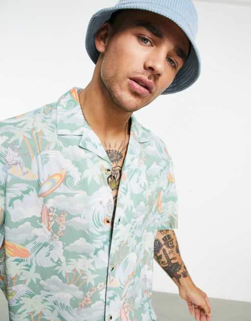 ASOS DESIGN – Luźna koszula z kołnierzykiem kubańskim i dwustronnym surferskim nadrukiem w hawajskim stylu