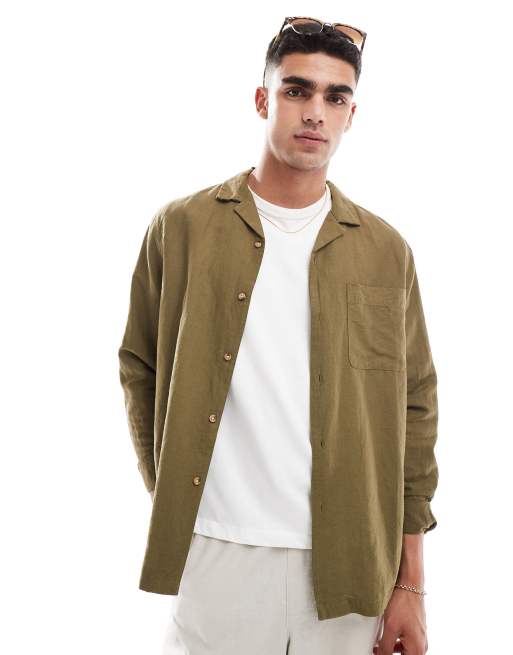 ASOS DESIGN – Luźna koszula z kołnierzykiem kubańskim i naszywanymi kieszeniami z domieszką lnu w kolorze khaki 