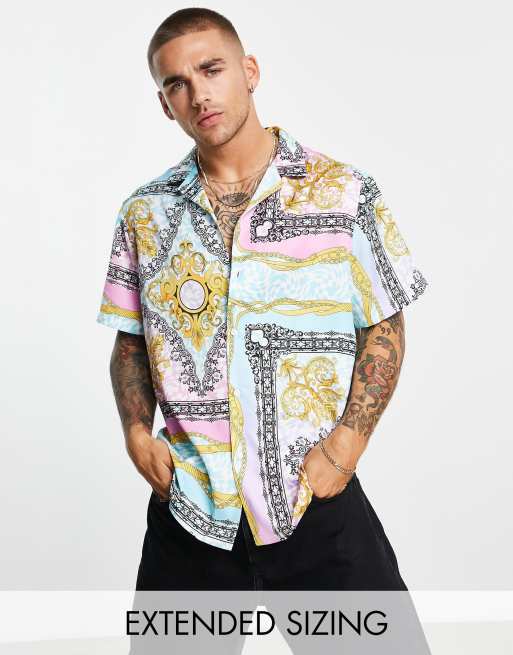 ASOS DESIGN – Luźna koszula z kołnierzykiem kubańskim i pastelowym wzorem barokowym