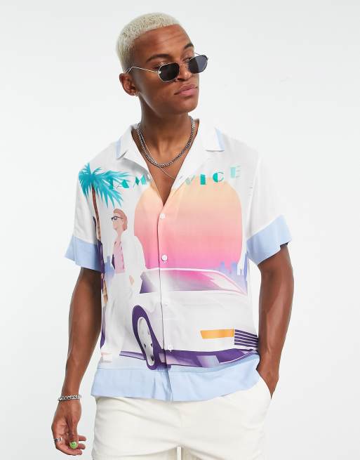 ASOS DESIGN – Luźna koszula z kołnierzykiem kubańskim we wzór z motywem Miami