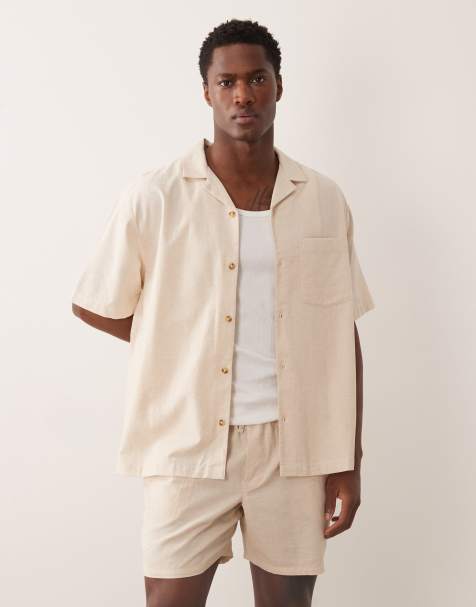 ASOS DESIGN – Luźna koszula z kołnierzykiem kubańskim z domieszką lnu w naturalnym kolorze, część zestawu - view 1