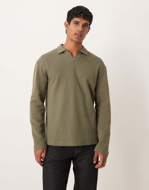 ASOS DESIGN – Luźna koszulka polo z długimi rękawami o fakturze wafla w kolorze khaki