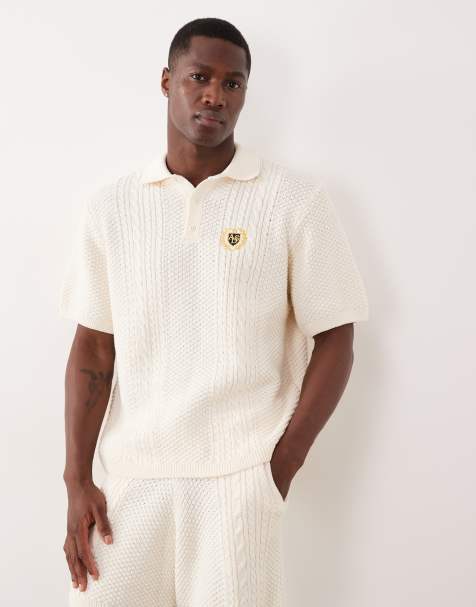 ASOS DESIGN – Luźna koszulka polo z dzianiny o warkoczowym splocie w kolorze ecru z haftem, część zestawu - view 1