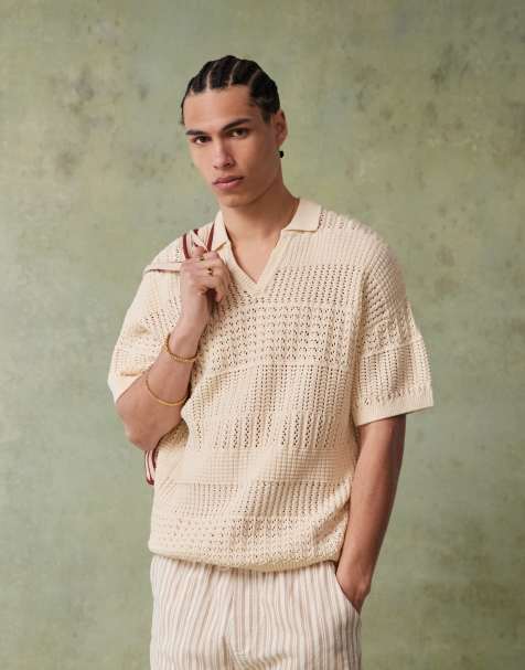 ASOS DESIGN relaxed crochet knitted notch neck polo in ecru