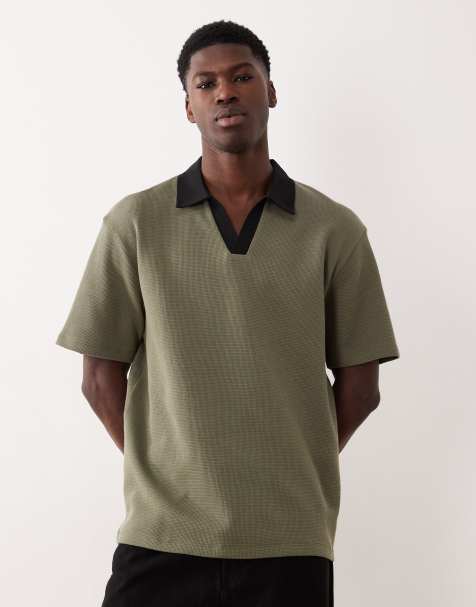 ASOS DESIGN – Luźna koszulka polo z wycięciem w dekolcie z materiału o fakturze wafla w kolorze khaki - view 1