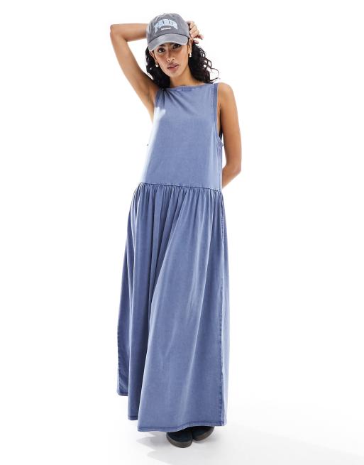 ASOS DESIGN – Luźna sukienka maxi bez rękawów z odkrytymi plecami w spranym kolorze indygo