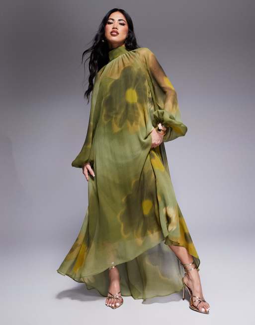 ASOS DESIGN – Luźna sukienka maxi w rozmyty duży kwiatowy wzór z wiązaniem przy dekolcie i obniżonym dołem