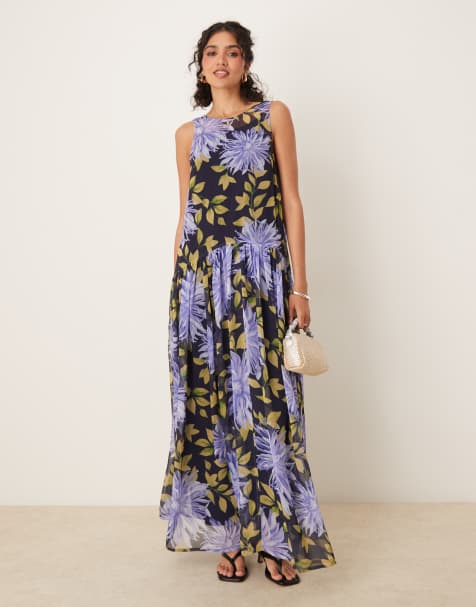 ASOS DESIGN racer neck smock maxi dress in blown up floral print