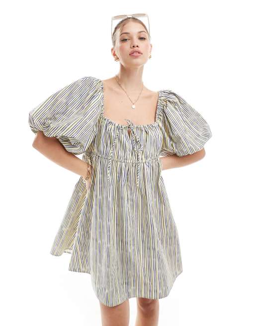 ASOS DESIGN – Luźna sukienka mini z bufkami w żółte paski