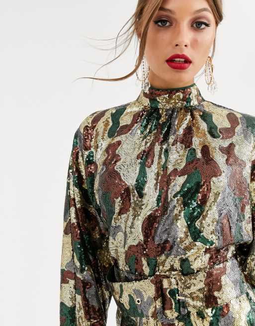 ASOS DESIGN – Luźna sukienka mini z paskiem i cekinowym wzorem moro, 3 z 4