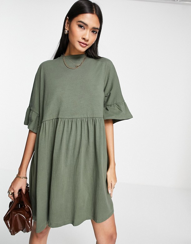  Dobra Obsługa ASOS DESIGN – Luźna sukienka w kolorze khaki o kroju oversize z falbankami na rękawach KHAKI