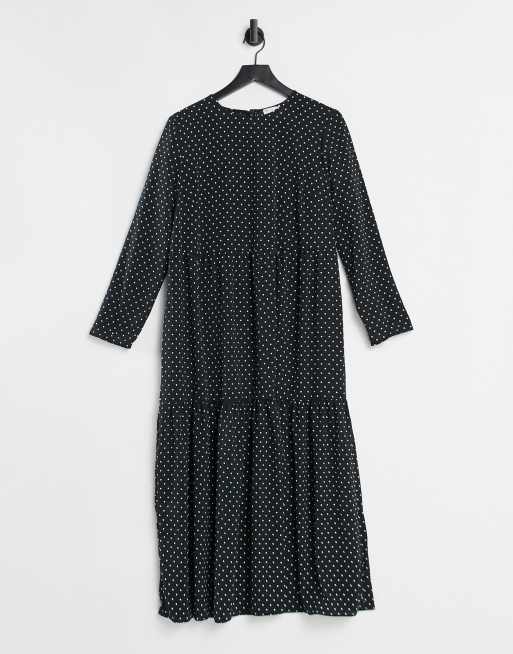 ASOS DESIGN – Luźna sukienka warstwowa midi z długim rękawem w kolorze czarnym w jasnobeżowe kropki