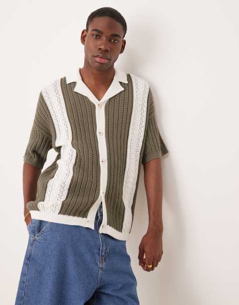 ASOS DESIGN relaxed knitted revere neck button through crochet polo in sage green and ecru