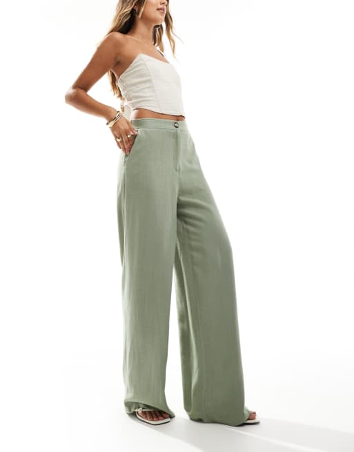 ASOS DESIGN – Luźne eleganckie spodnie z prostymi nogawkami z materiału z dodatkiem lnu w kolorze khaki