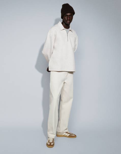 ASOS DESIGN luźne polo z długim rękawem i zamkiem do połowy w tkaninie typu scuba w kolorze kremowym - view 1