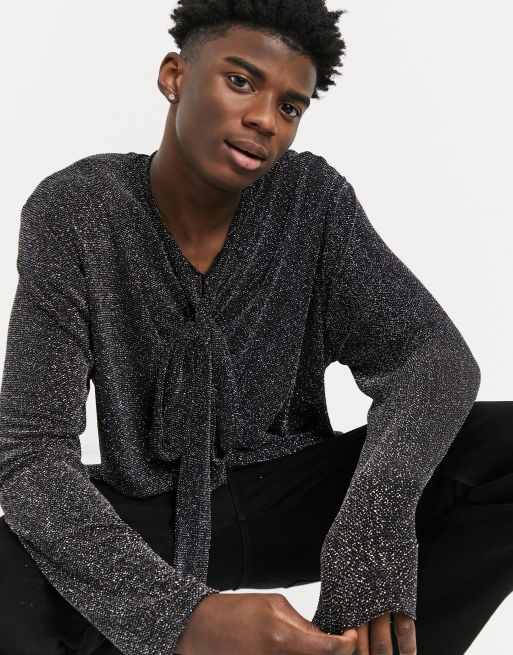 ASOS DESIGN – Luźny brokatowy top z długim rękawem i kokardą