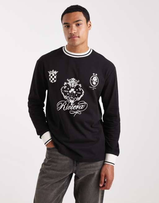 ASOS DESIGN – Luźny czarny T-shirt z długimi rękawami, sportowym nadrukiem i kontrastową lamówką