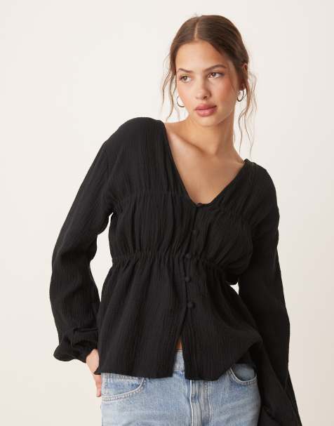ASOS DESIGN – Luźny czarny top z długimi rękawami i zapięciem na guziki z przodu - view 1